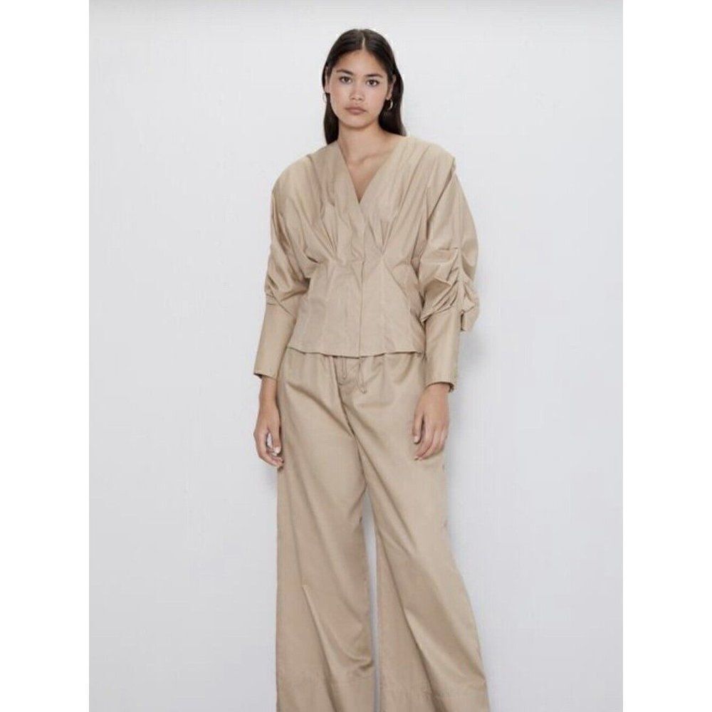 zara top 4043/261/710 Bloggers Favorite Poplin Blouse Darts Beige Long Sleeve Xs